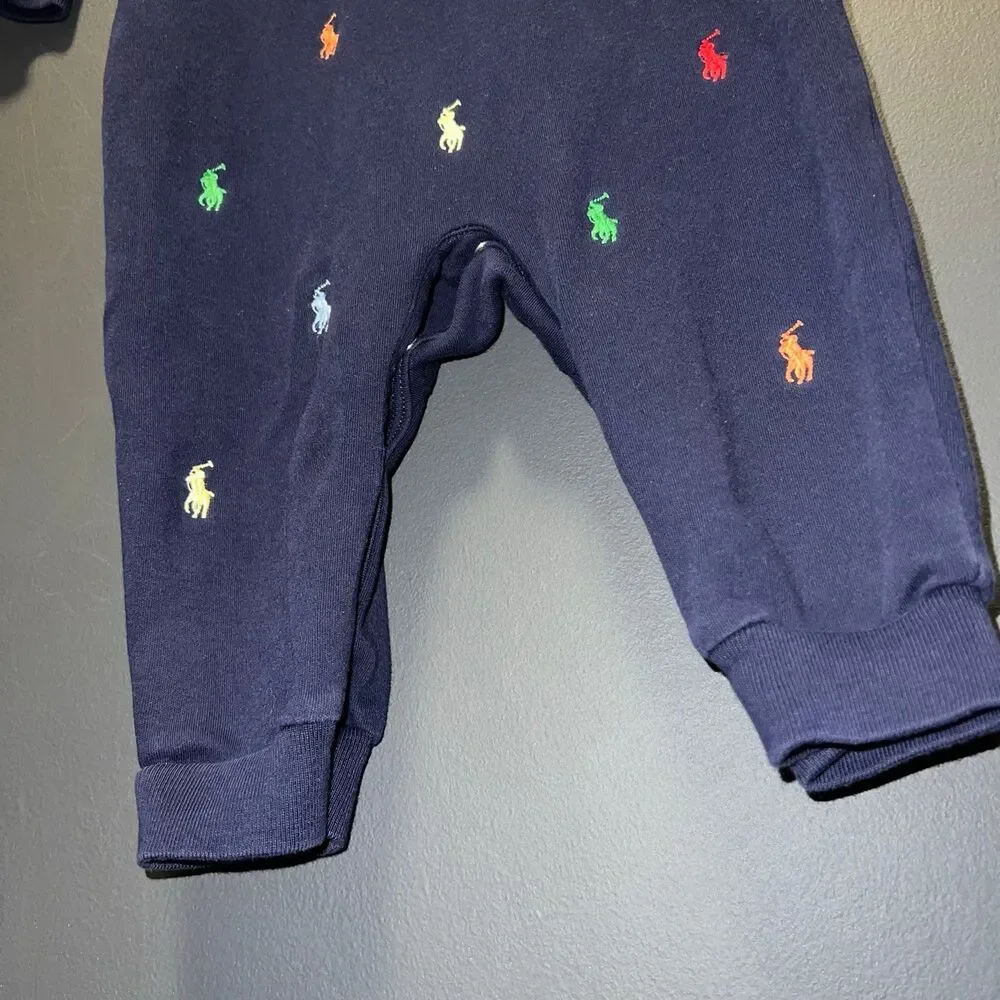 Ralph Lauren Baby Infant 9m Romper Blue Logo Collared Footless Snap Crotch